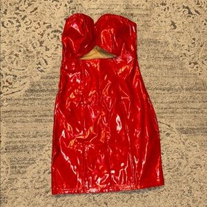 Red Patent Strapless Cutout Mini Dress